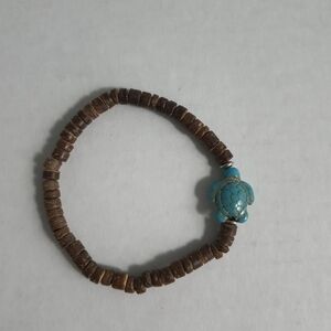 Brown Wooden Beaded Bracelet with Turquoise Turtle Charm